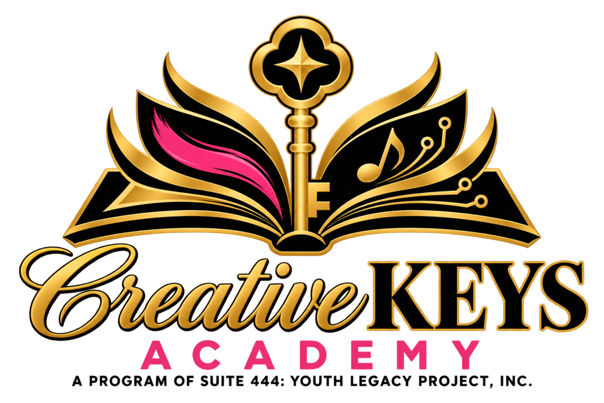 Creative Keys Academy logo: a golden key rising from an open book, a program of Suite 444: Youth Legacy Project, Inc.