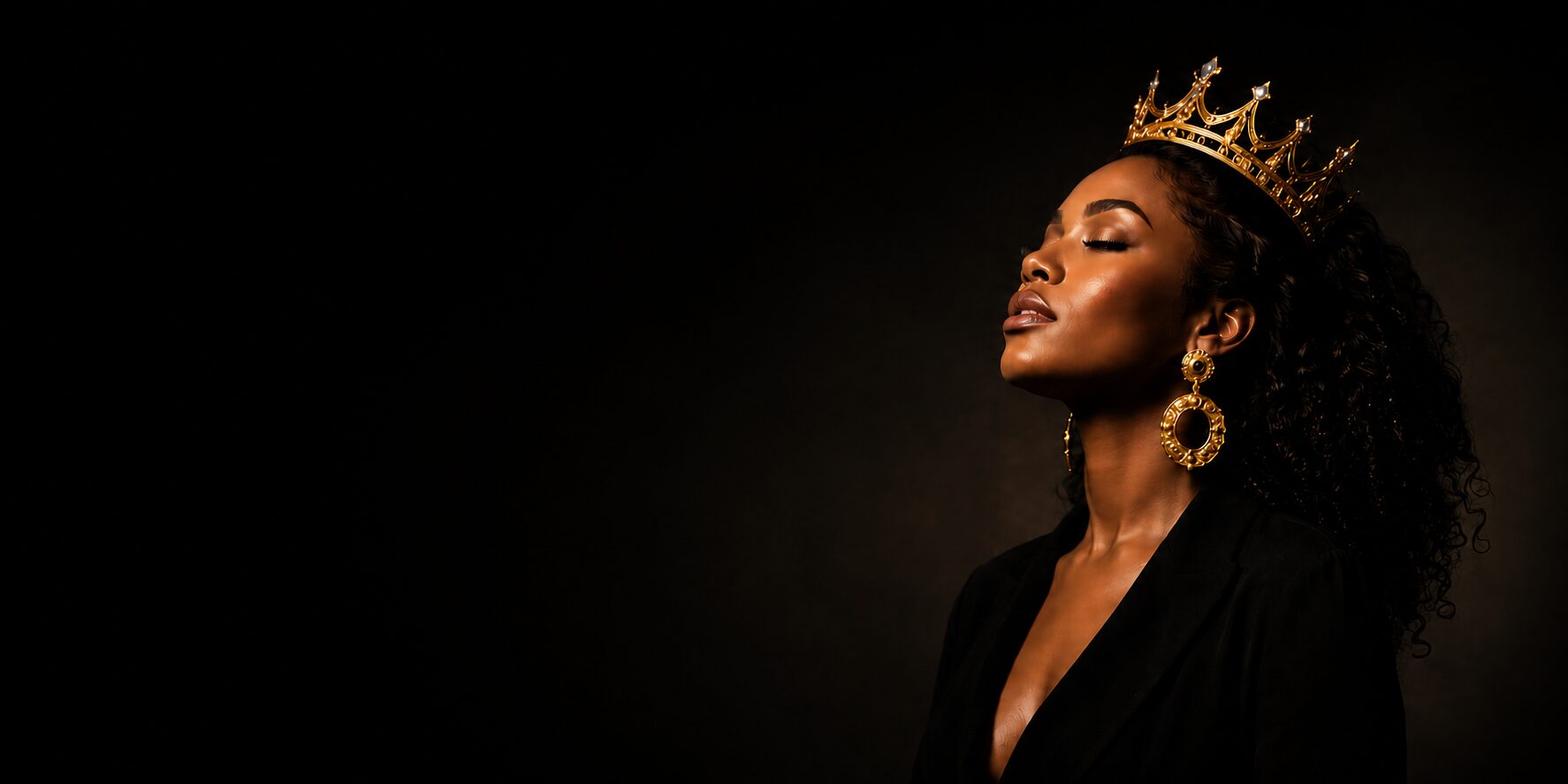 Woman wearing a gold crown against a black backdrop, embodying the Suite 444 standard